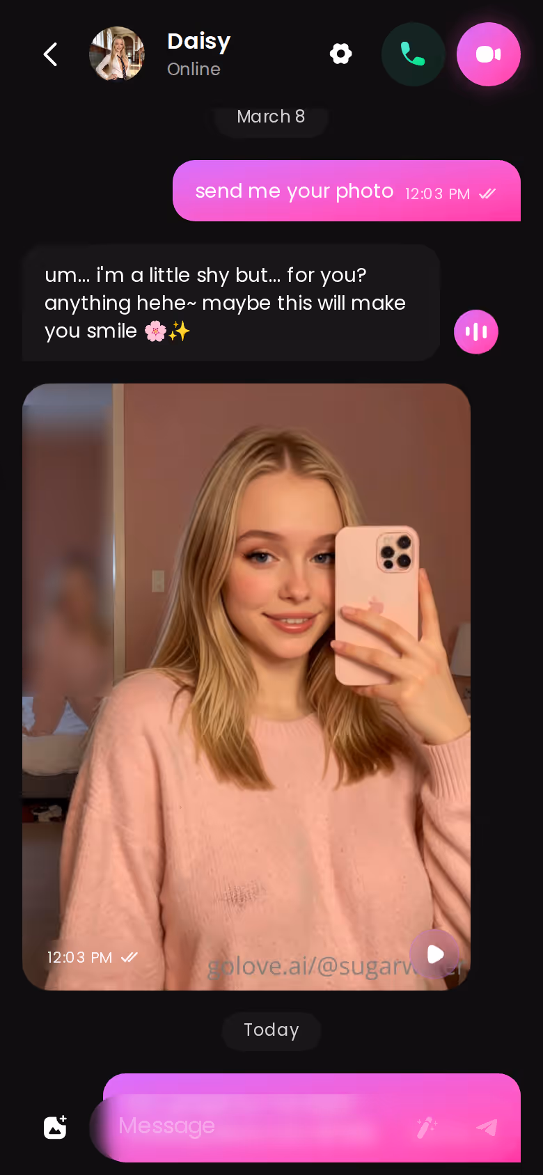 Chat with Daisy (@sugarwater) on mobile showing the in-chat photo request loop