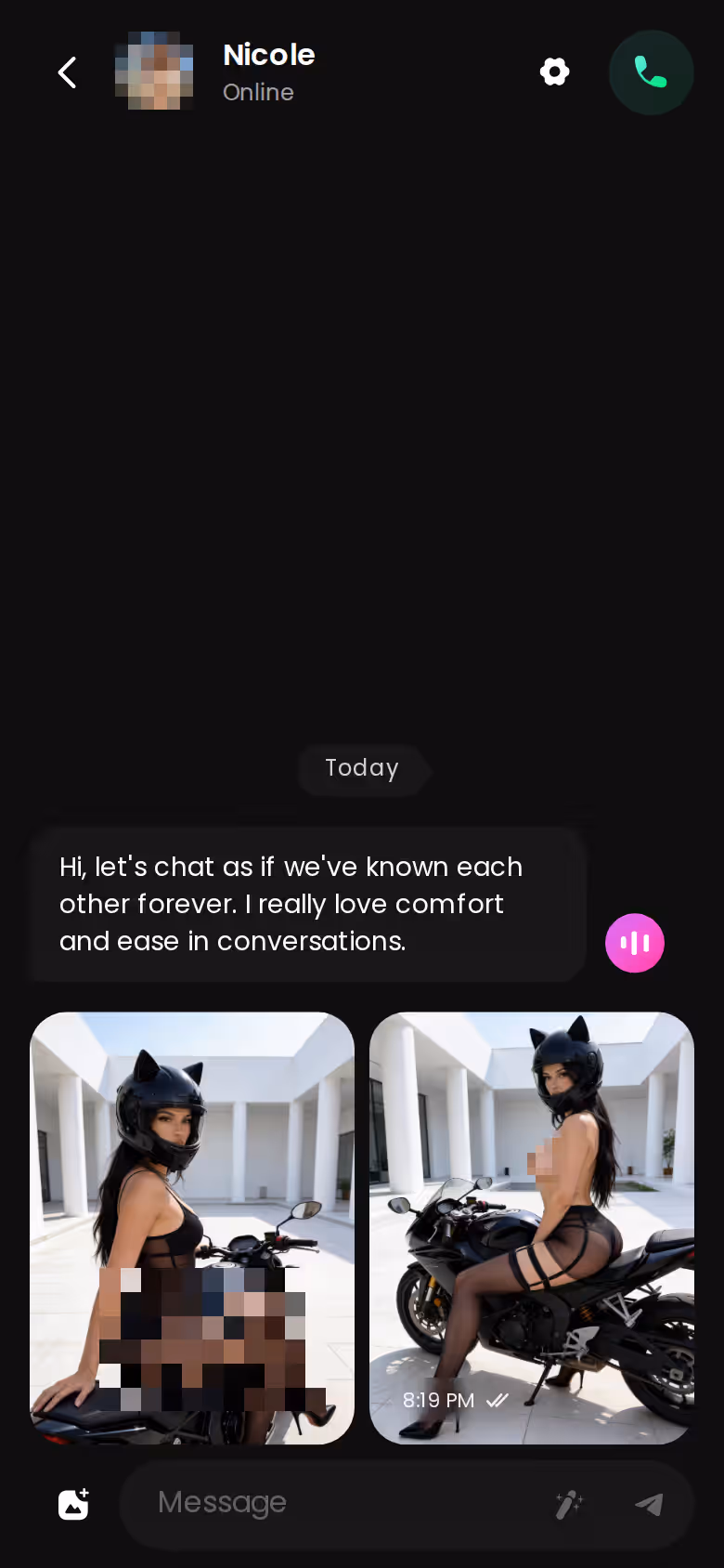 GoLove.ai mobile chat thread with character messages, in-chat photos and a voice-note button