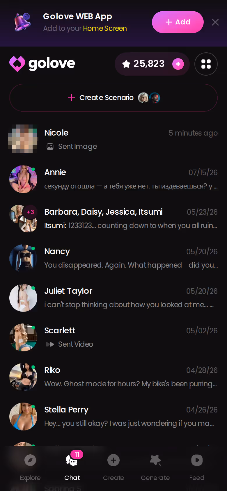 GoLove chats list on mobile with ongoing character conversations