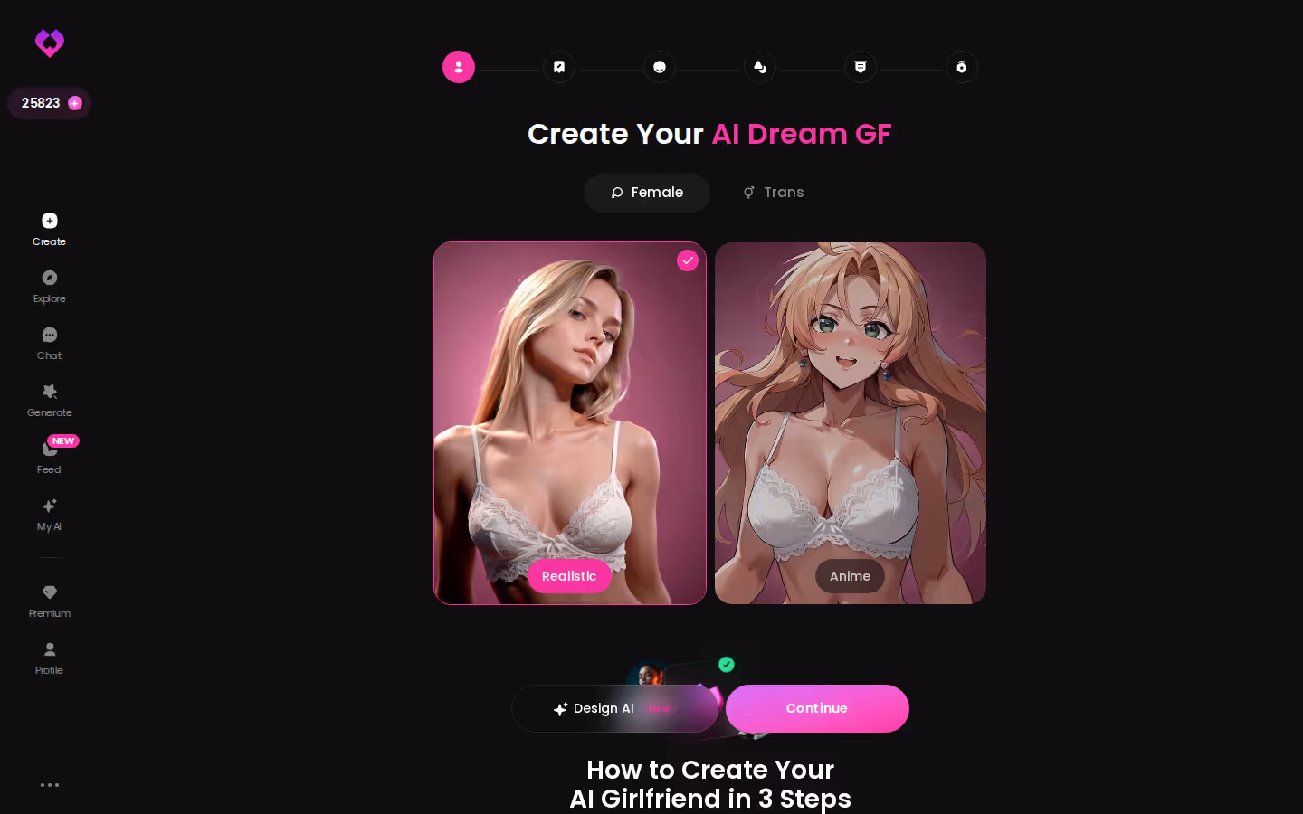 GoLove.ai Create wizard — Female or Trans, Realistic or Anime pick — erotic dramas