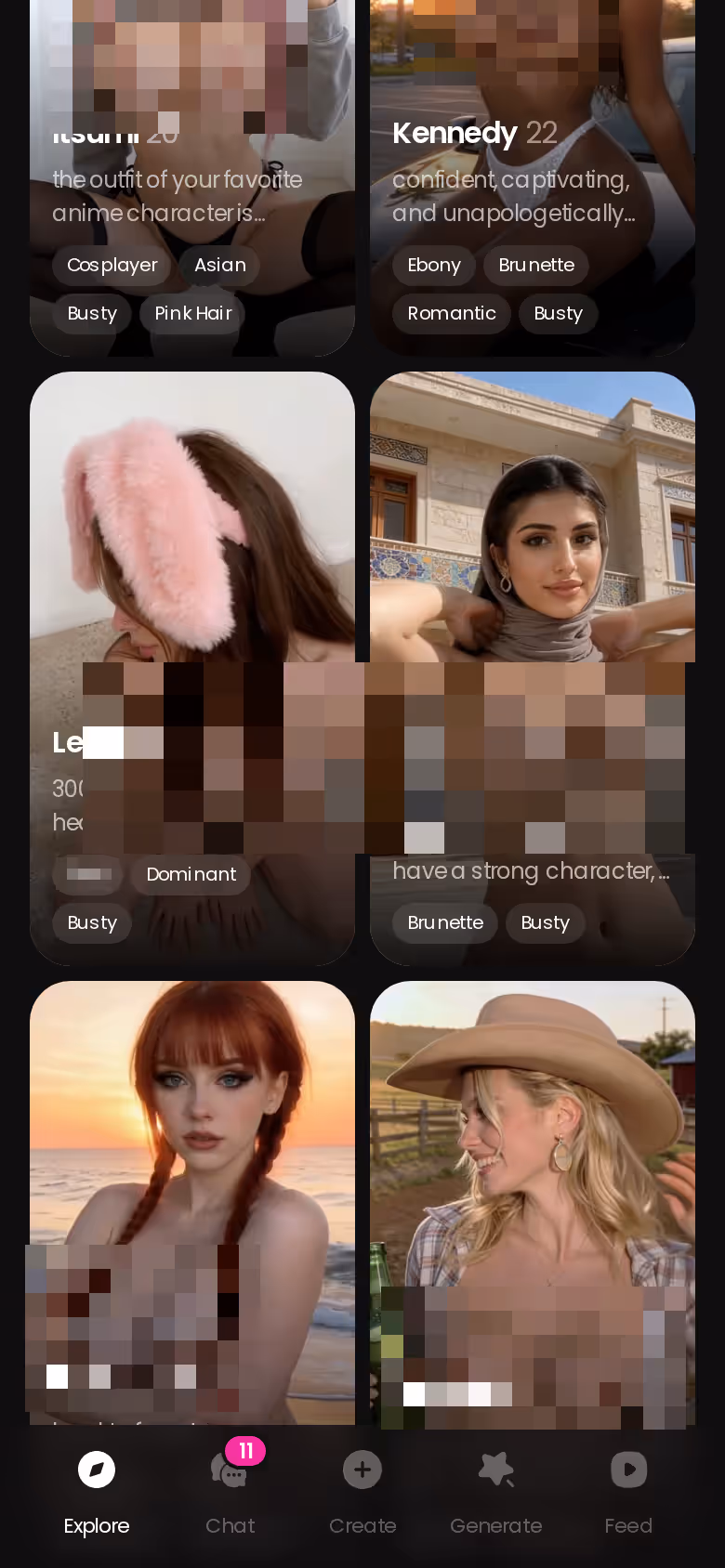 GoLove Explore page on mobile showing realistic AI characters