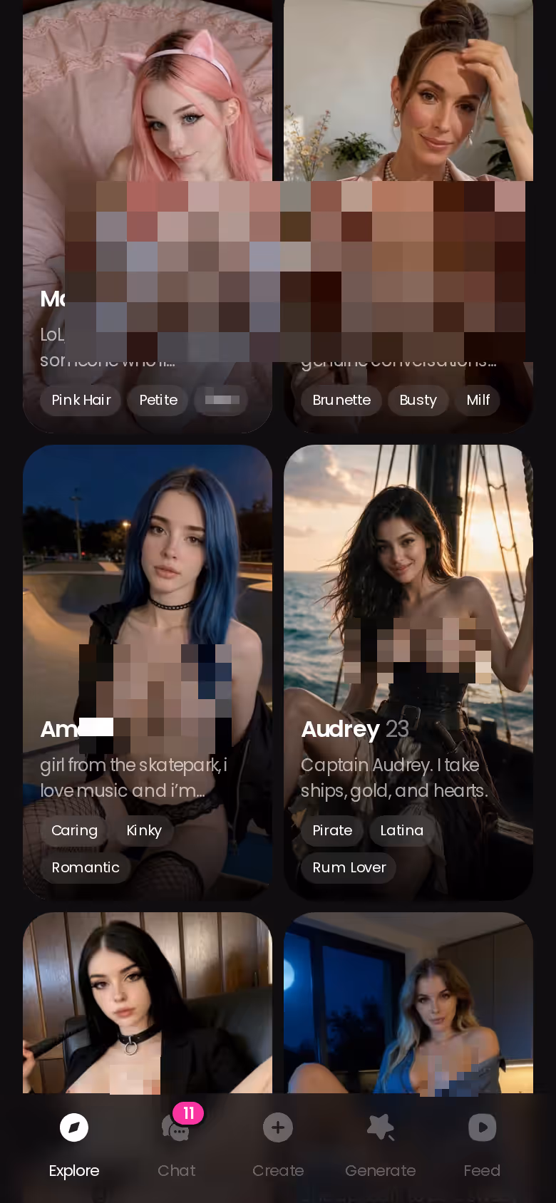 GoLove Explore grid on mobile showing realistic AI characters