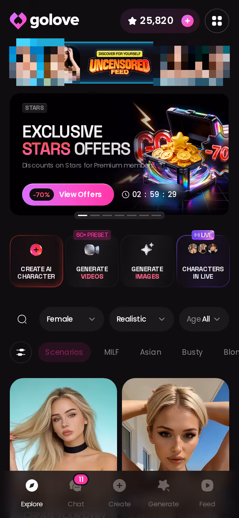GoLove Explore grid on mobile showing realistic AI characters