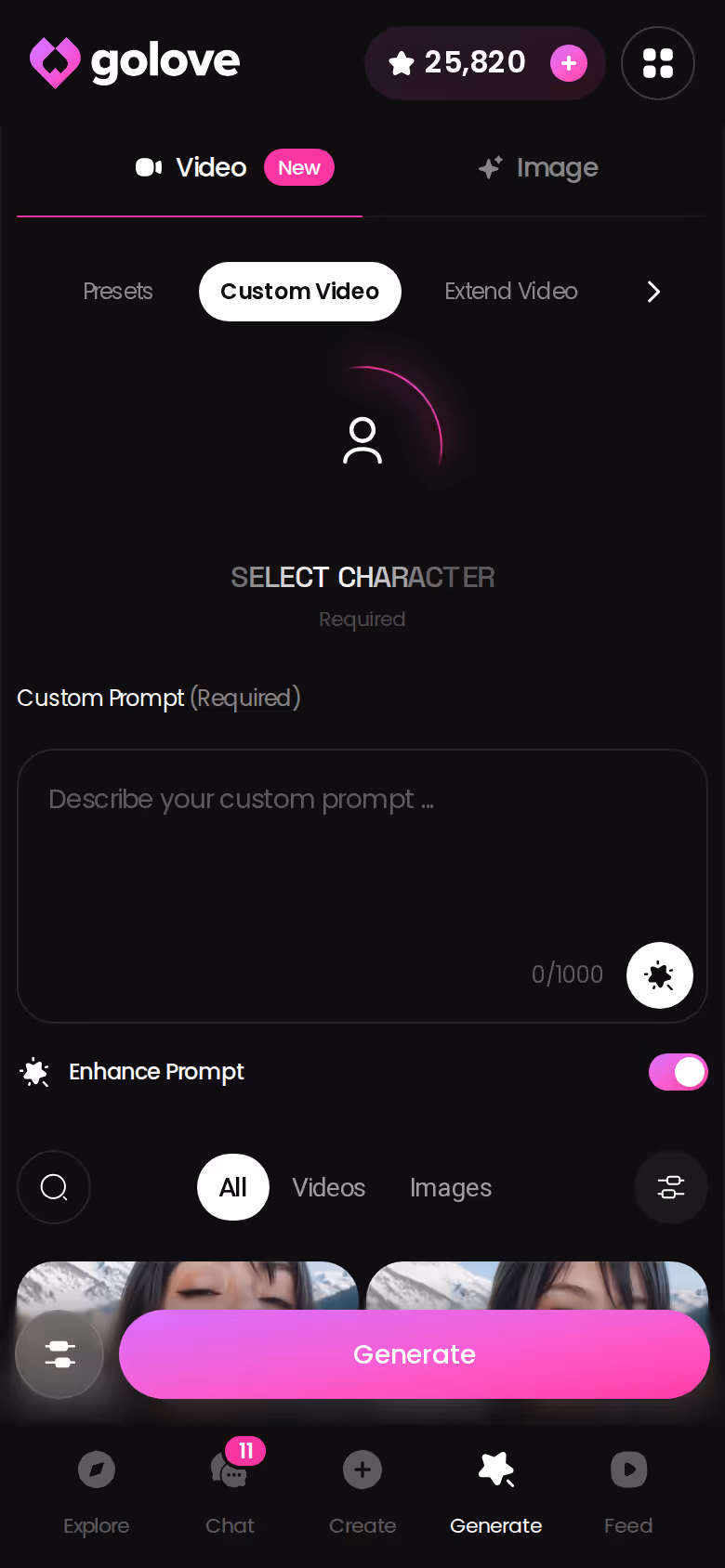 GoLove Custom Video generator on mobile