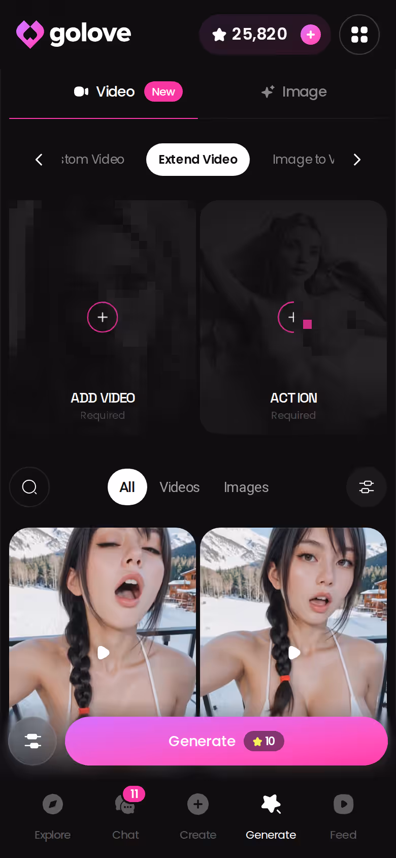 GoLove Extend Video option on mobile with Star cost visible before generating