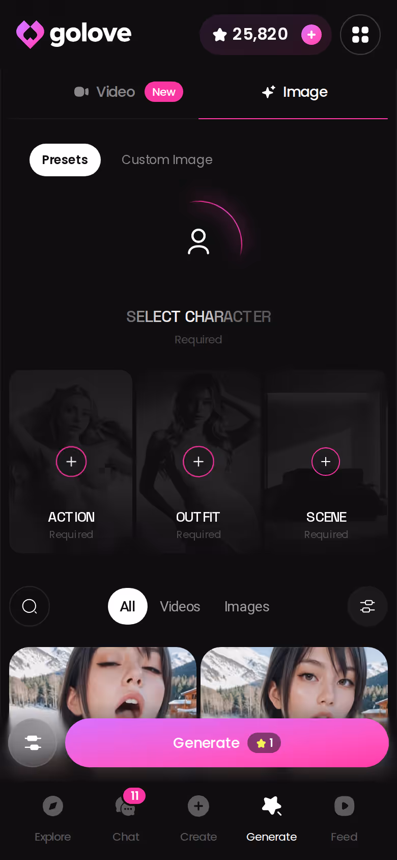 GoLove.ai Image mode presets on mobile, where Stars are spent