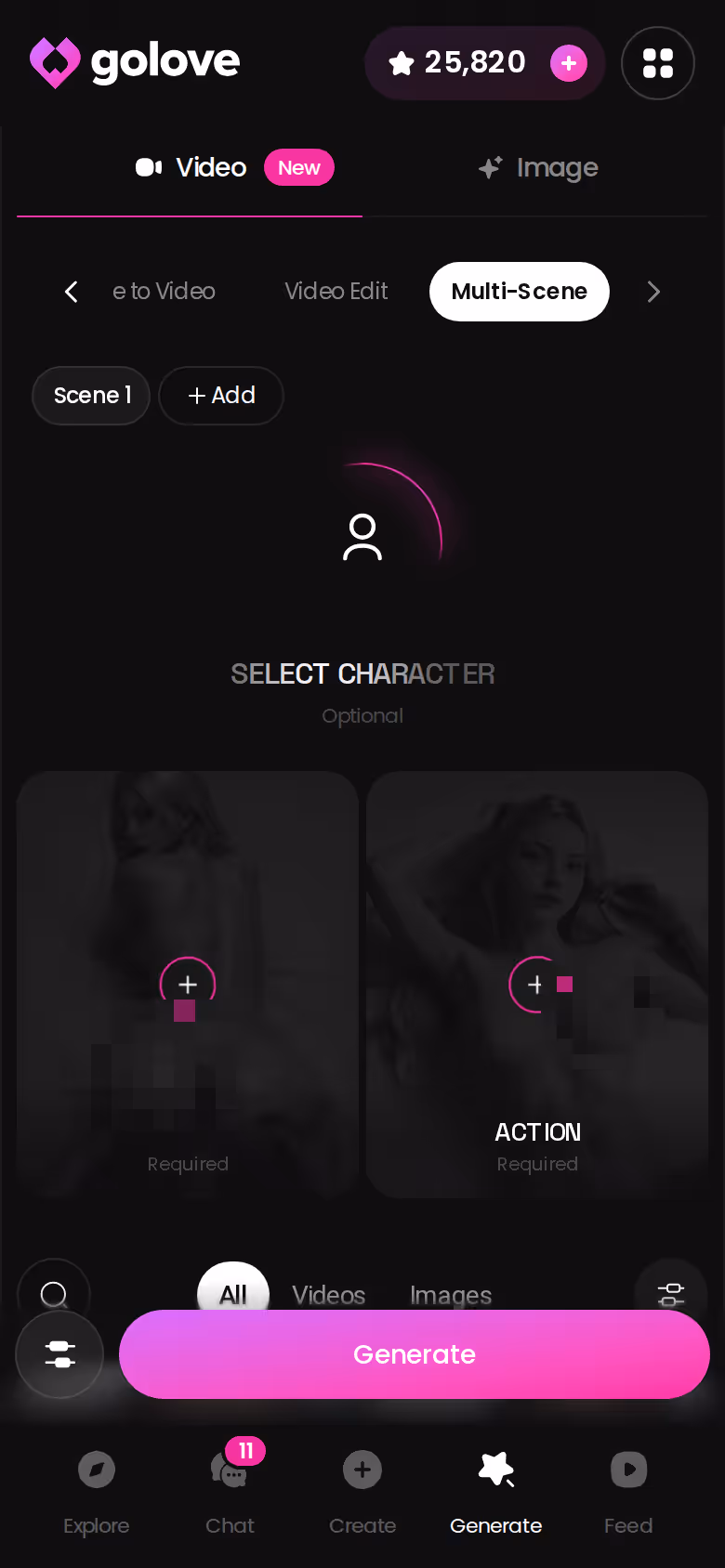 GoLove generator on mobile with the Multi-Scene video option