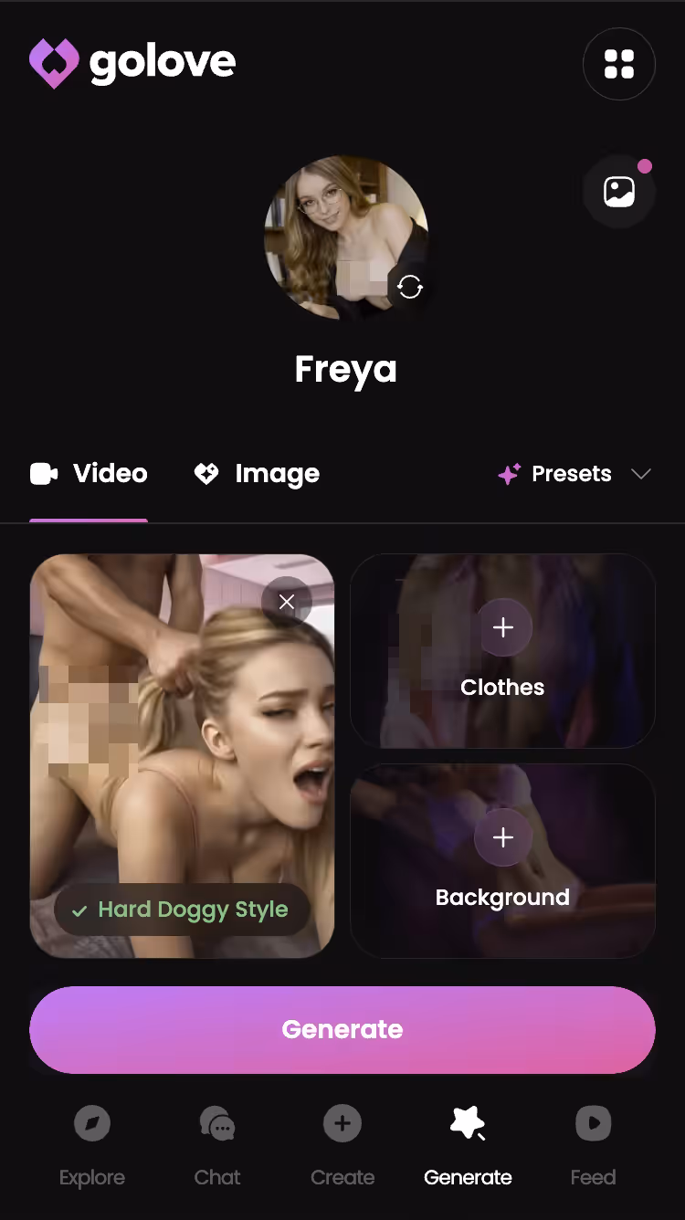 Explicit action preset selected in the GoLove.ai video generator — best ai companion apps with video